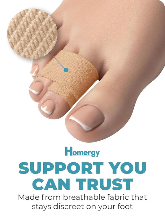 Single-layer toe wrap shown on foot providing breathable support during daily wear