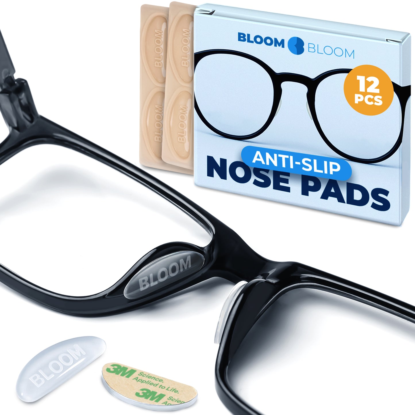 Clear silicone nose pads attached to black plastic eyeglass frame, showing thin profile and smooth edge-free shape on the nose bridge