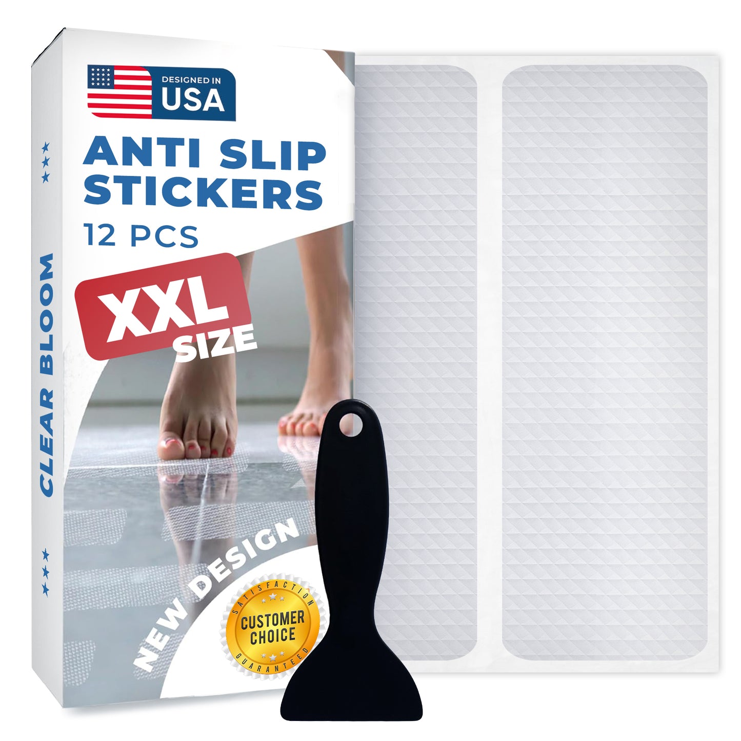 Oversized clear rectangle anti-slip shower stickers displayed individually, showing transparent design and lightly textured surface for use on smooth bathtub and shower floors