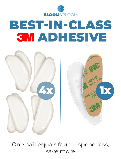 Clear anti-slip nose pads arranged in pairs beside eyeglass frame, showing thin design and uniform shape for everyday eyewear
