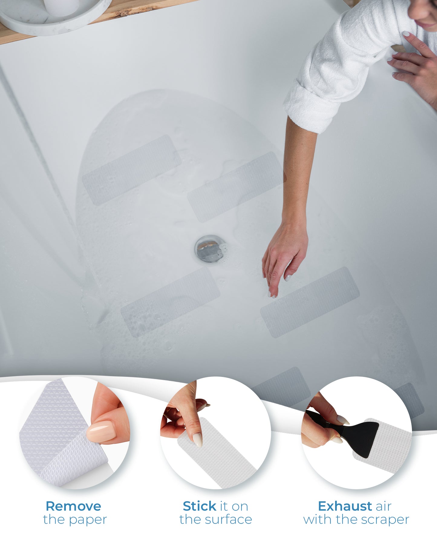 Close-up view of textured PEVA surface on clear shower safety sticker, highlighting fine pattern designed to enhance grip while remaining comfortable underfoot