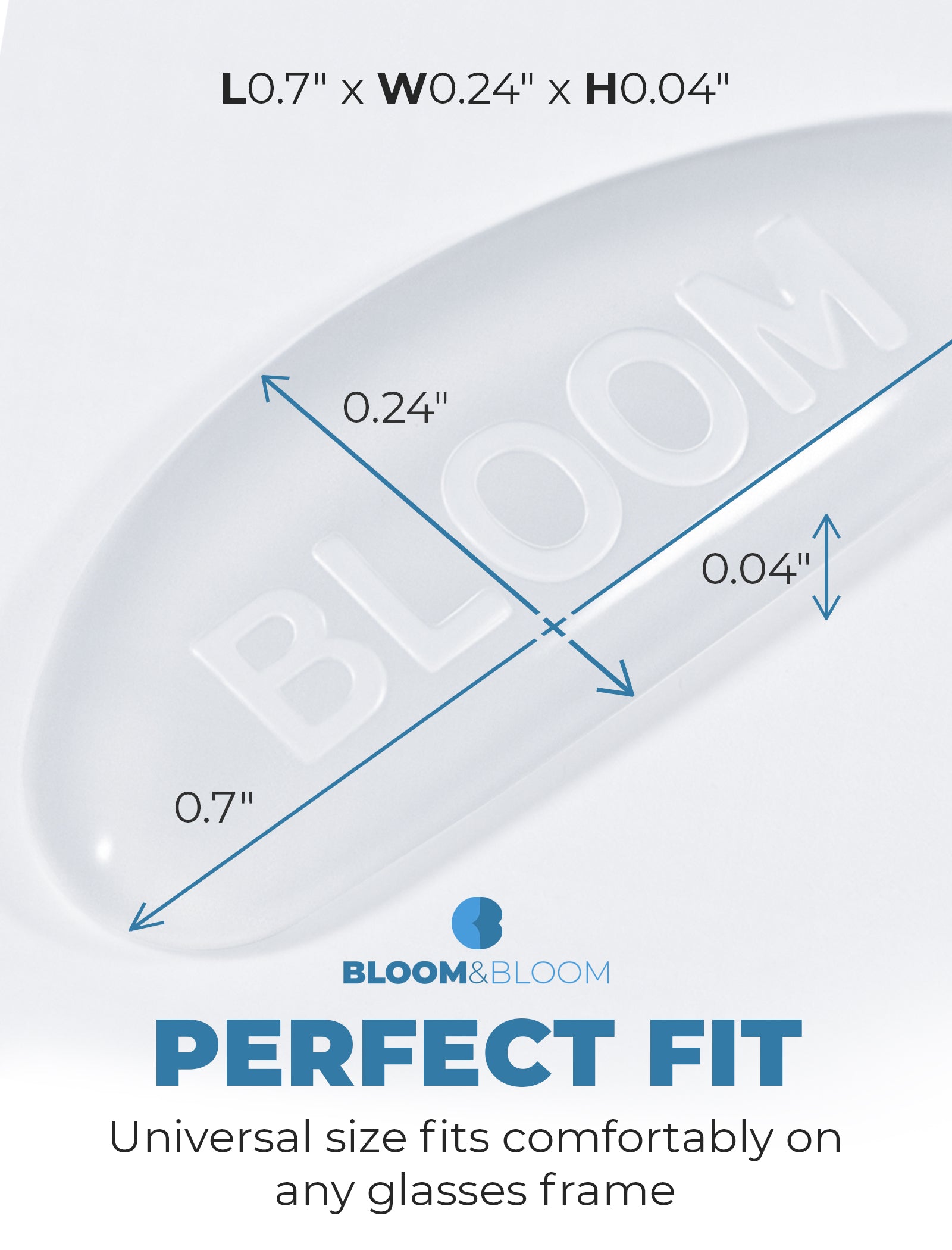 Silicone nose pads shown before and after installation on eyeglasses, highlighting placement on nose bridge for added grip