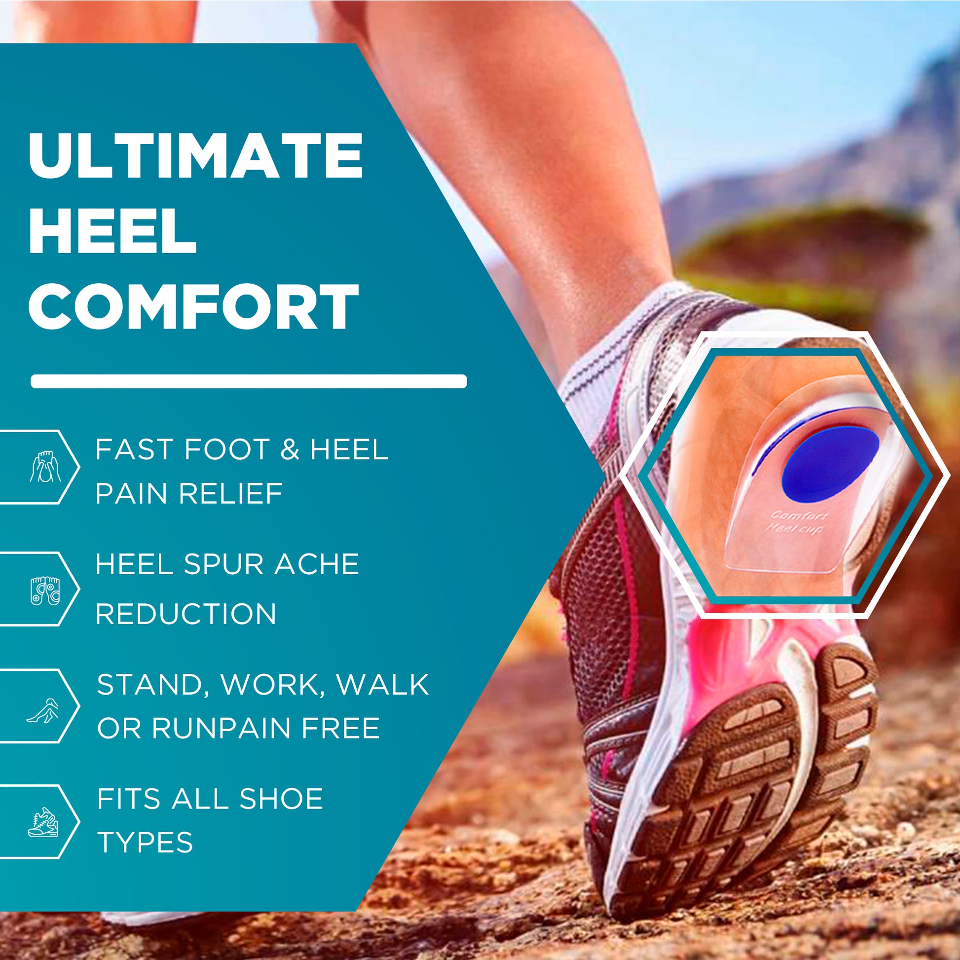 Ergonomic heel cup shape improves balance and comfort during long walks or extended standing