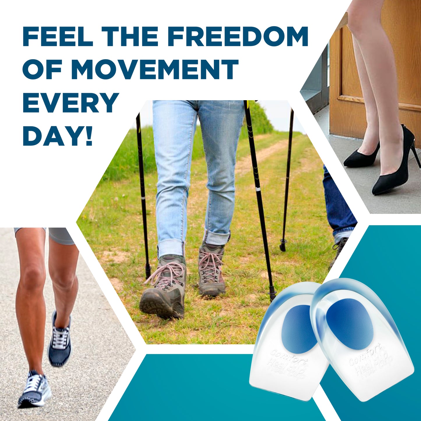 Transparent silicone heel cups fit most sneakers or casual shoes and stay firmly in place all day