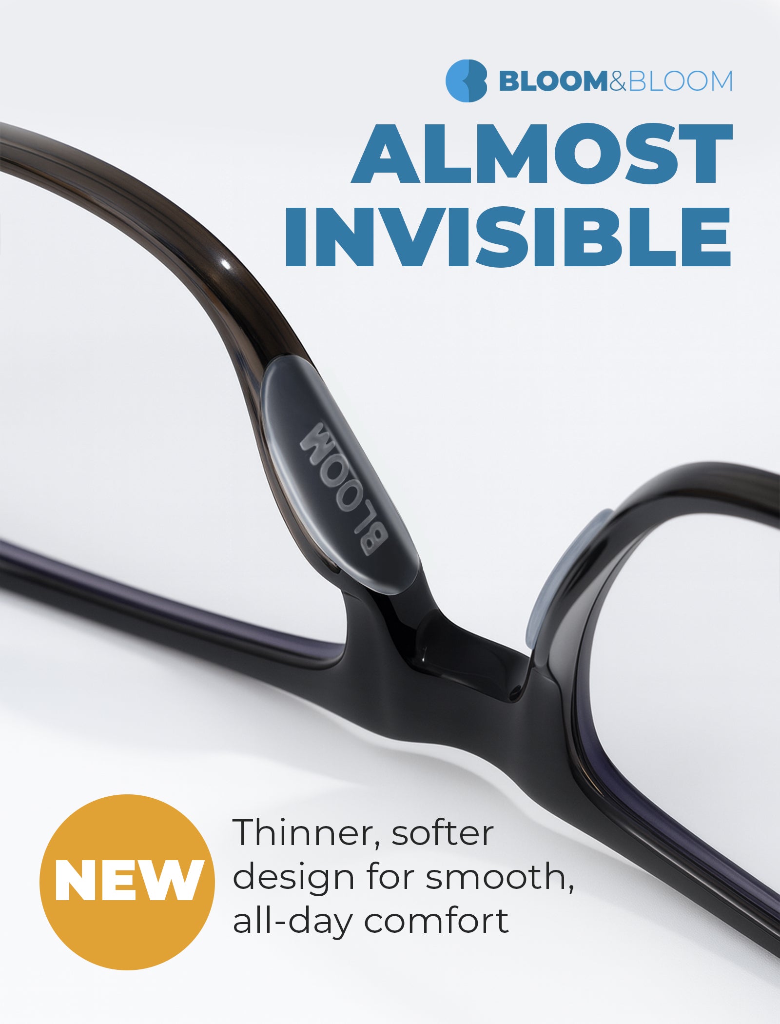 Clear silicone nose pads displayed next to eyeglass frame and adhesive liner, showing individual pad size and curved ergonomic shape
