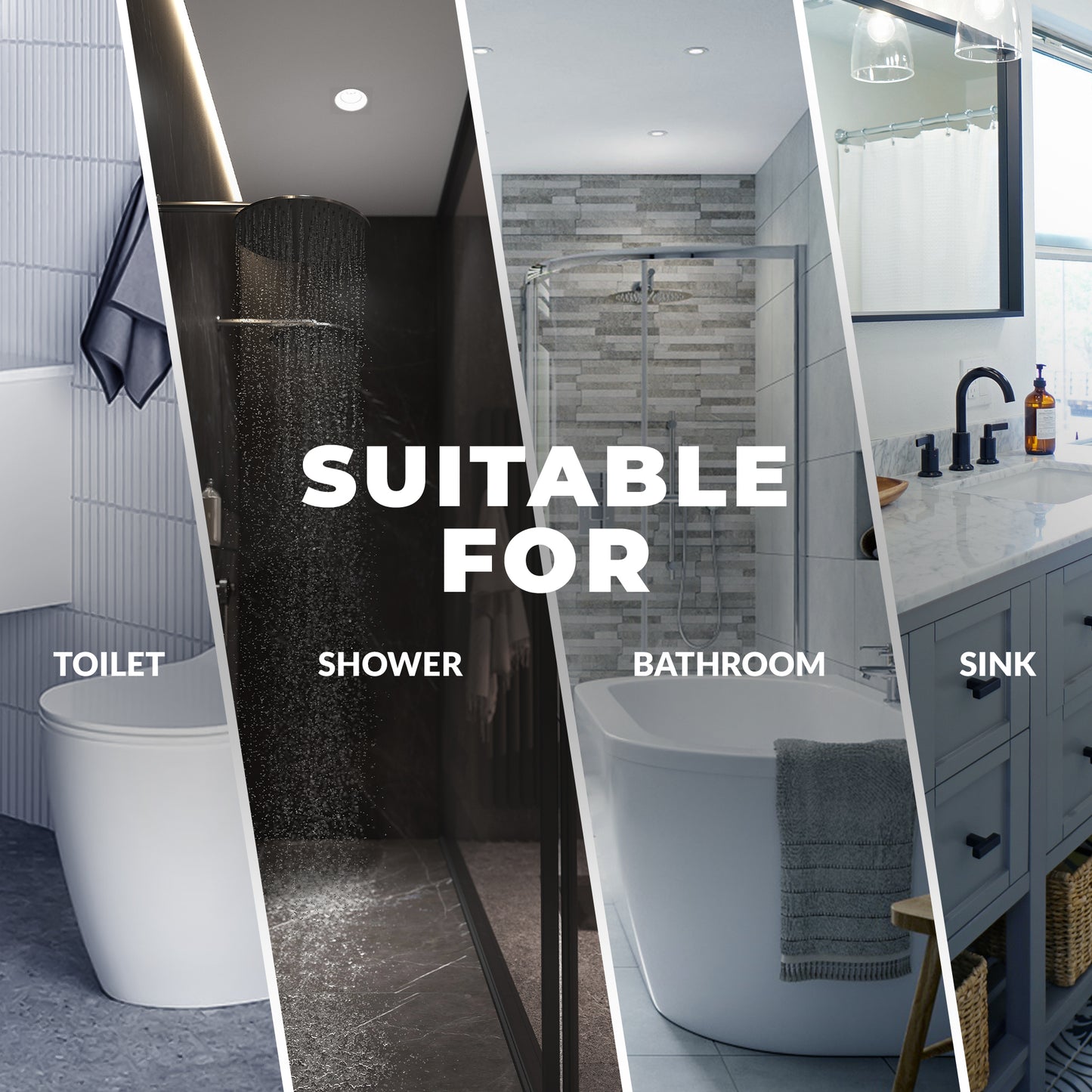 Multi-section bathroom image showing toilet area, walk-in shower, bathtub, and sink, highlighting clear anti-slip shower stickers that can be applied to different smooth surfaces throughout the bathroom