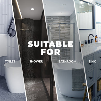 Multi-section bathroom image showing toilet area, walk-in shower, bathtub, and sink, highlighting clear anti-slip shower stickers that can be applied to different smooth surfaces throughout the bathroom