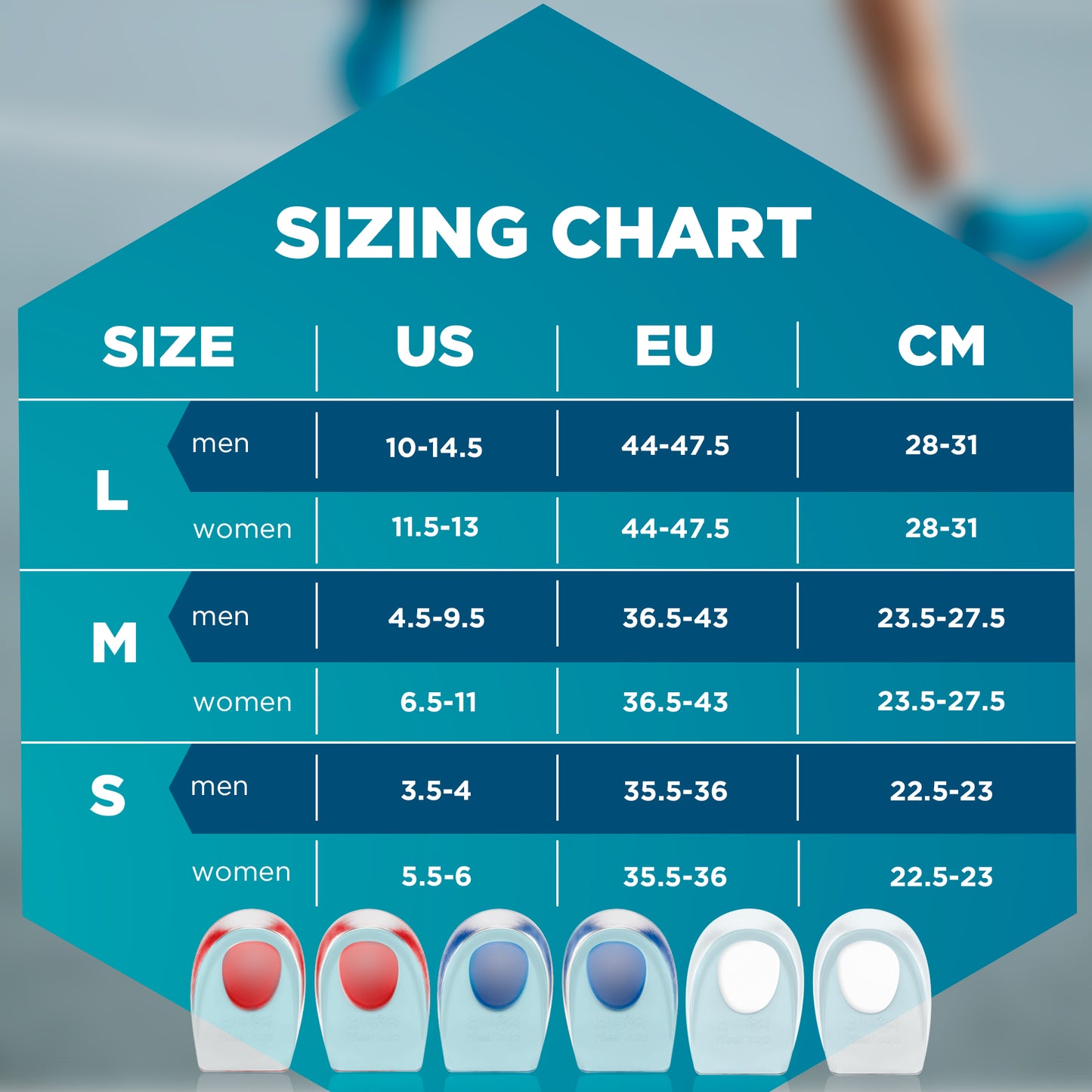 Detailed sizing chart for Homergy heel cups showing US and EU shoe sizes for men and women