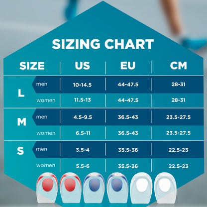 Detailed sizing chart for Homergy heel cups showing US and EU shoe sizes for men and women