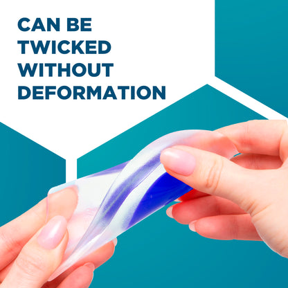 Hands holding flexible gel heel cups demonstrating softness and durability of the silicone material