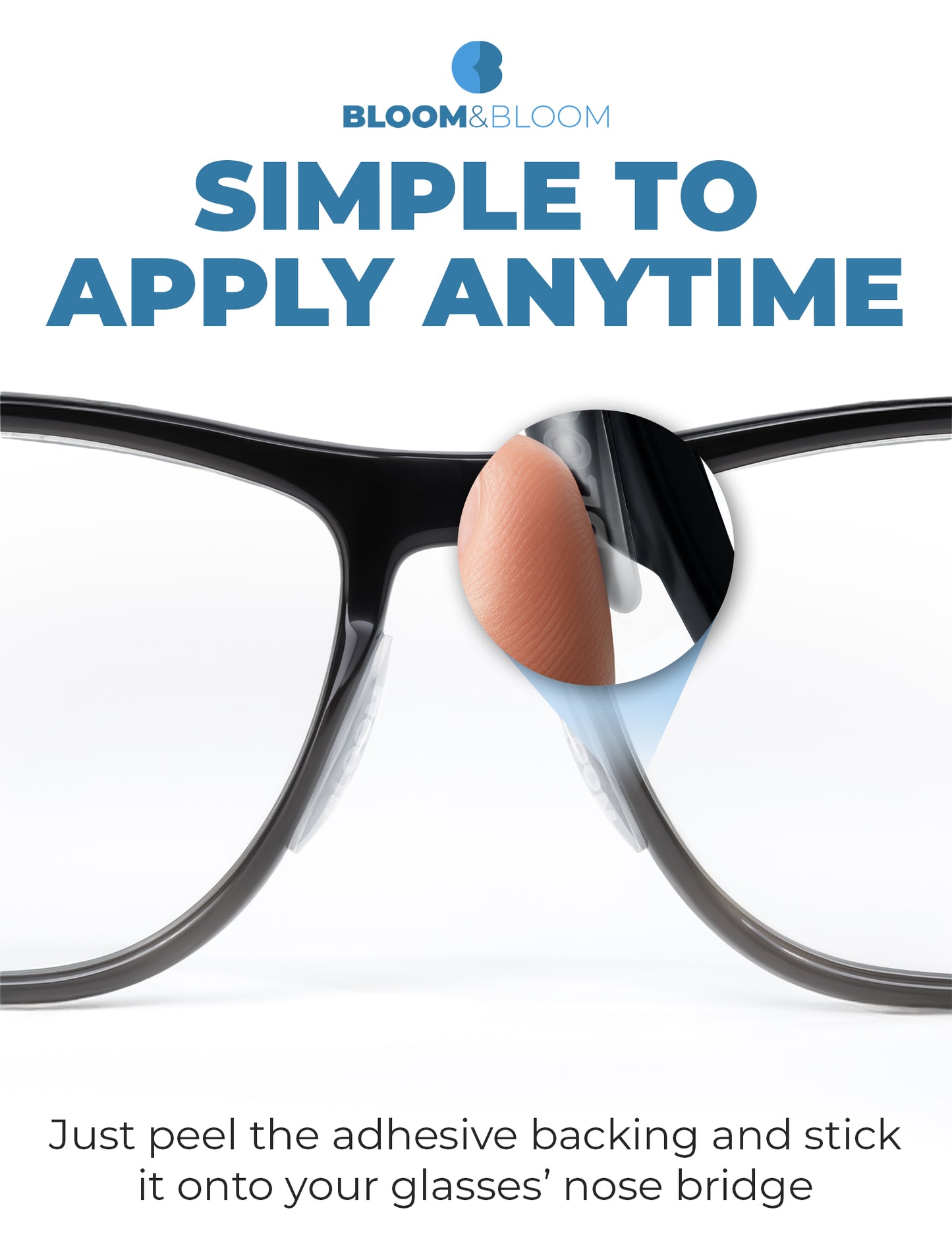 Eyeglasses with transparent nose pads applied, showing how the pads sit centered on the nose bridge without lifting the lenses