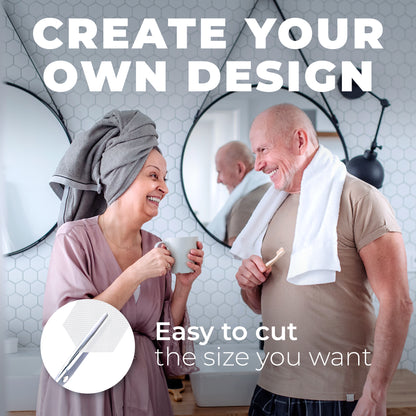 Lifestyle scene in a bright bathroom showing adults and an infographic highlighting clear anti-slip shower stickers that are easy to cut and customize for different bathtub and shower layouts