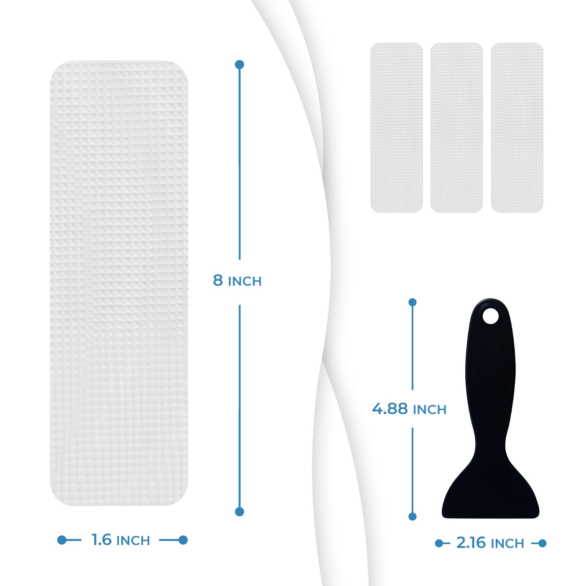 Clear Bloom rectangle anti-slip shower sticker measuring 8 by 1.6 inches with textured surface and scraper