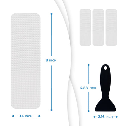 Clear Bloom rectangle anti-slip shower sticker measuring 8 by 1.6 inches with textured surface and scraper