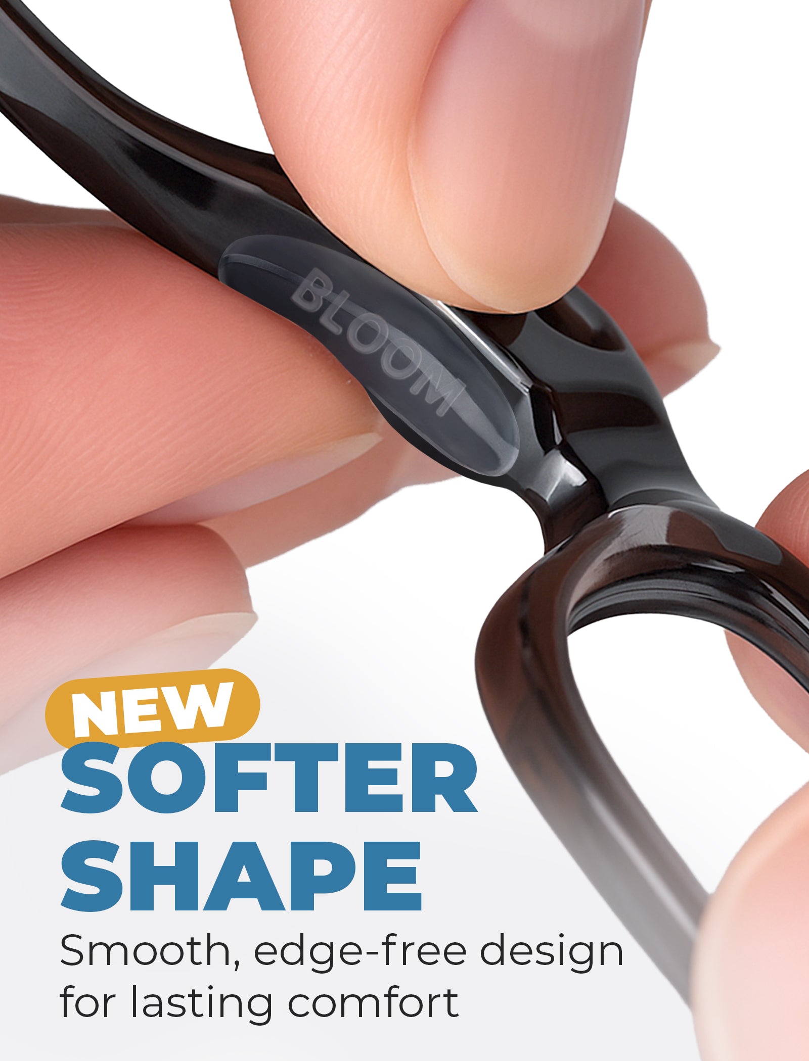 Silicone nose pads shown with adhesive backing partially removed, demonstrating peel-and-stick application on eyeglasses