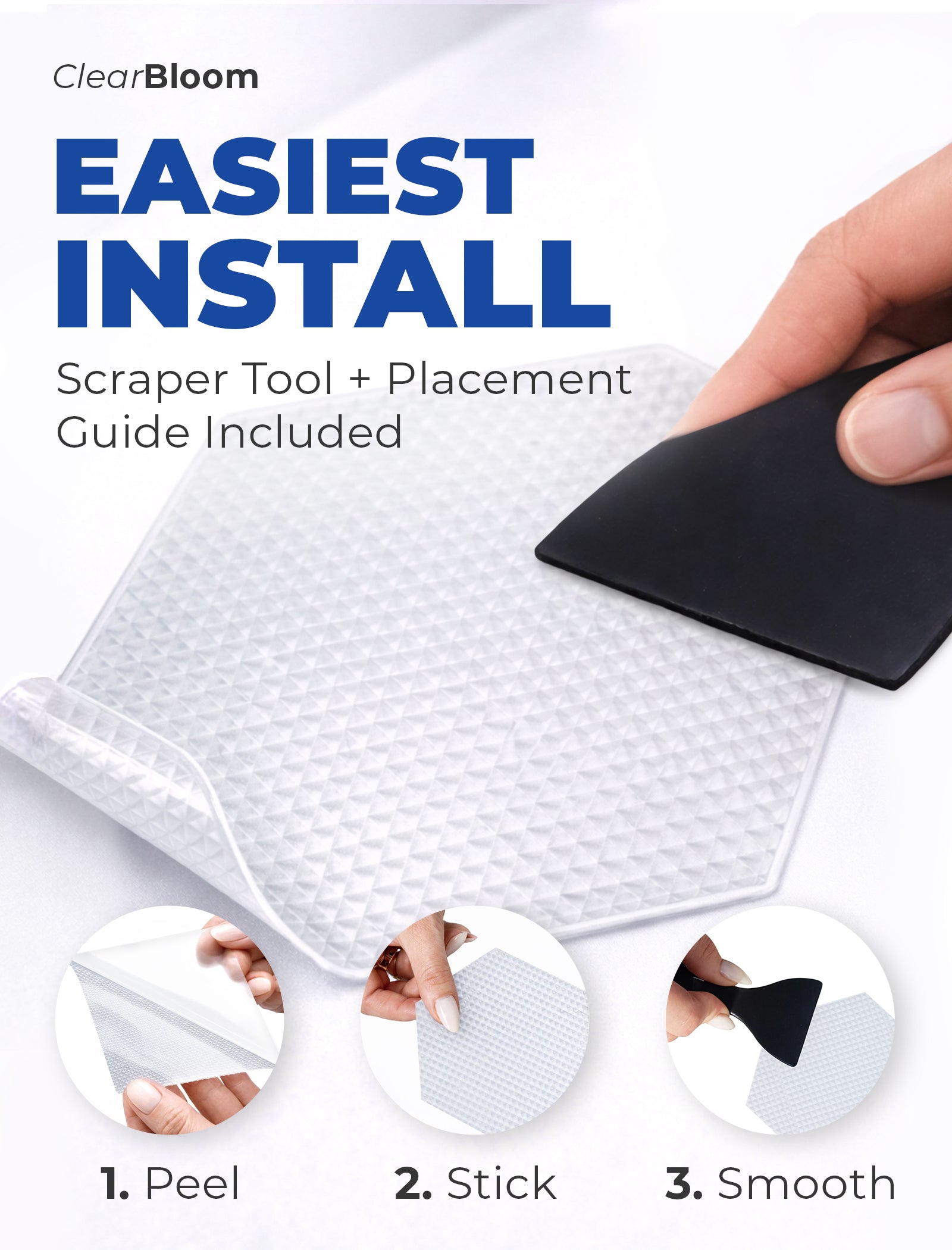 Close-up view of clear shower safety stickers showing fine textured anti-slip surface and micro-pattern designed to increase grip while remaining comfortable underfoot
Step-by-step application of clear shower safety stickers on clean bathtub surface, showing peel-and-stick installation without tools or complex preparation