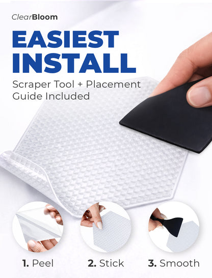 Close-up view of clear shower safety stickers showing fine textured anti-slip surface and micro-pattern designed to increase grip while remaining comfortable underfoot
Step-by-step application of clear shower safety stickers on clean bathtub surface, showing peel-and-stick installation without tools or complex preparation