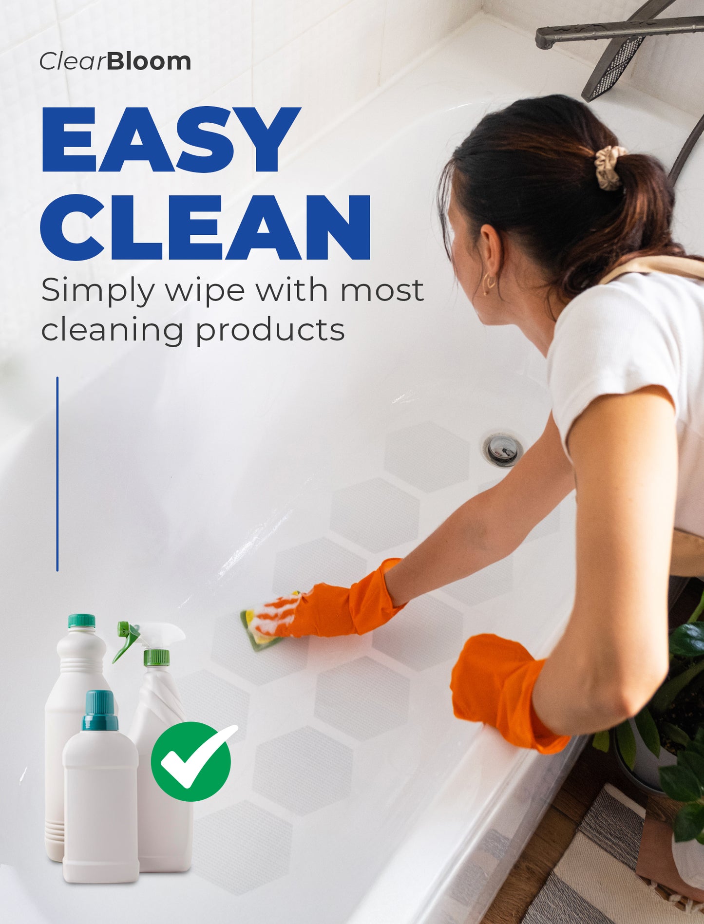 Transparent anti-slip shower stickers applied evenly across bathtub floor, demonstrating discreet placement that blends into the surface while improving everyday footing