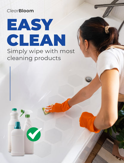 Transparent anti-slip shower stickers applied evenly across bathtub floor, demonstrating discreet placement that blends into the surface while improving everyday footing