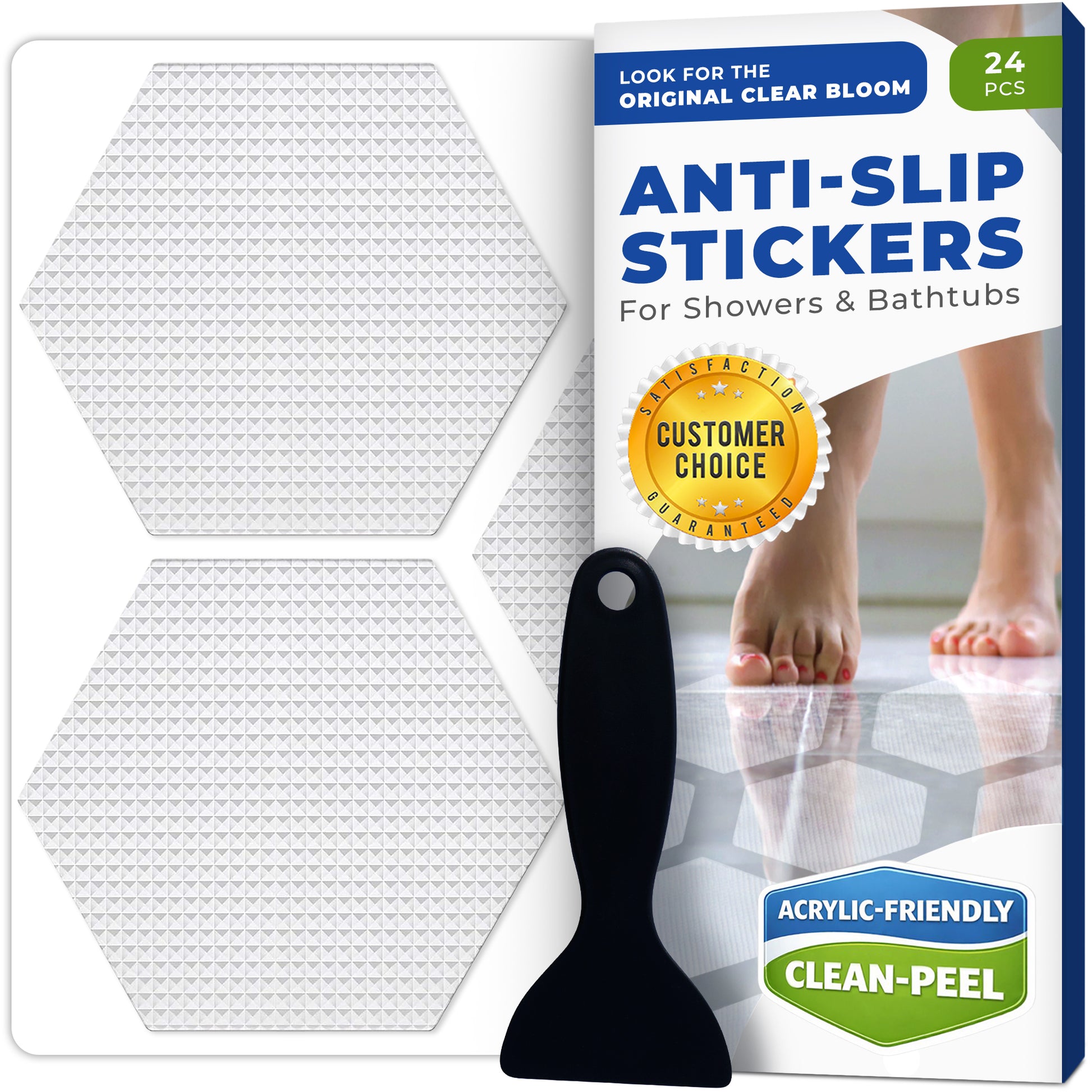 Clear anti-slip shower stickers in hexagon shape arranged for bathtub floor safety
Plastic scraper tool included with shower safety stickers, used to smooth stickers during installation and remove air bubbles for flat surface contact