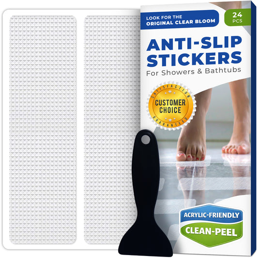 Clear anti-slip shower stickers in rectangular shape arranged for bathtub floor safety
Plastic scraper tool included with shower safety stickers, used to smooth stickers during installation and remove air bubbles for flat surface contact