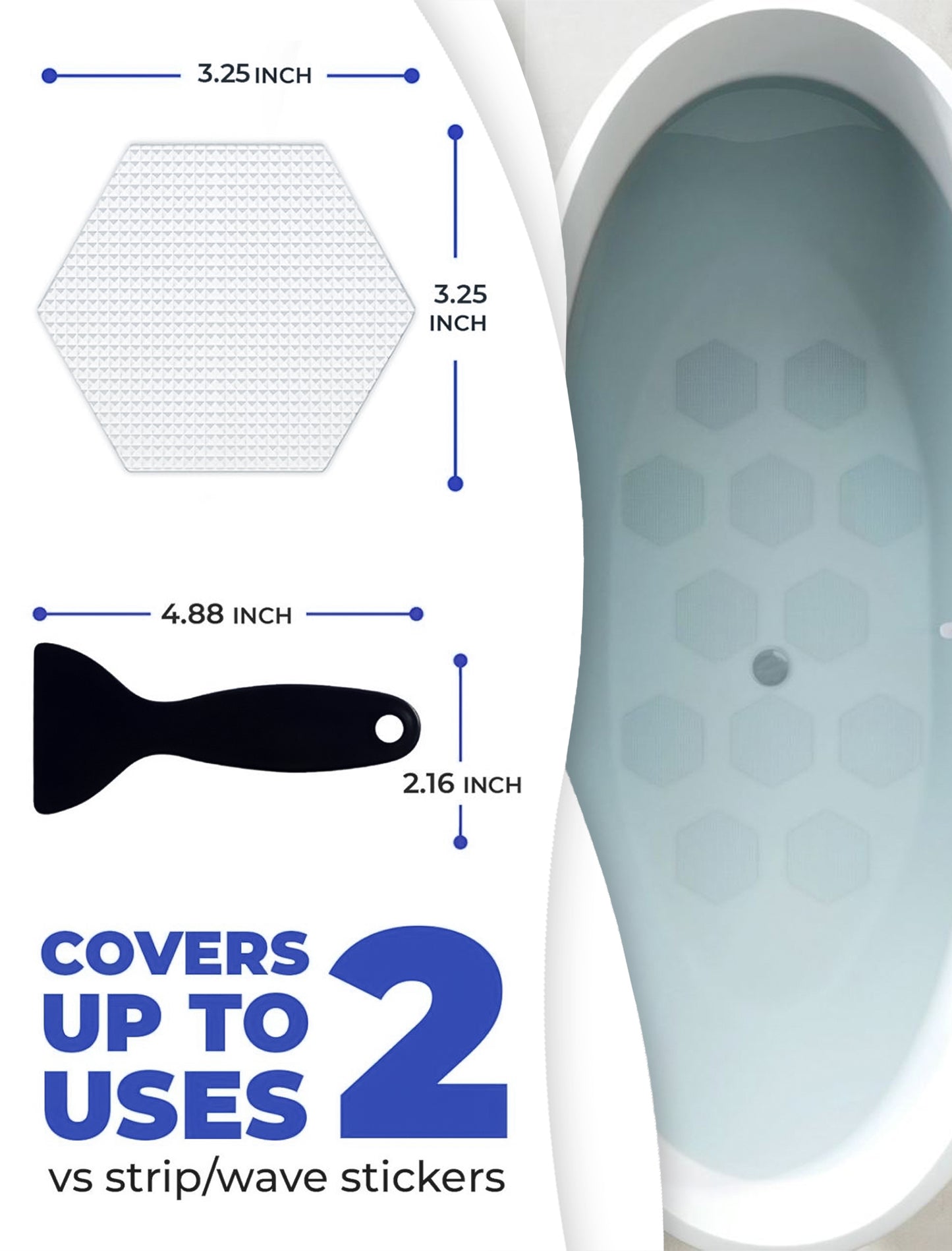 Clear Bloom hexagon anti-slip shower sticker showing 3.25 inch width and textured surface with scraper tool