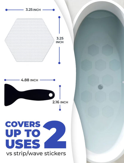 Clear Bloom hexagon anti-slip shower sticker showing 3.25 inch width and textured surface with scraper tool